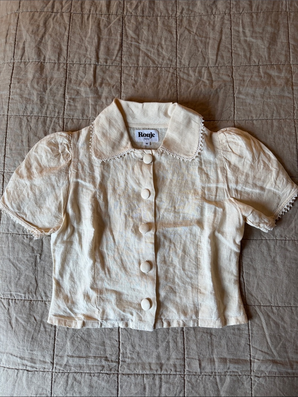 Rouje Cream Puff-Sleeve Buttoned Blouse
